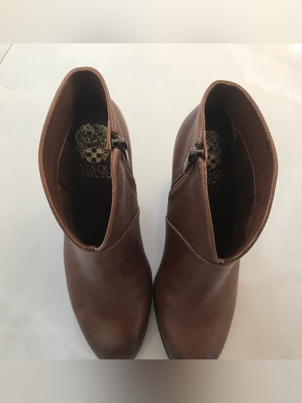 Vince Camuto Cognac Leather Ankle Booties with Stacked Heel